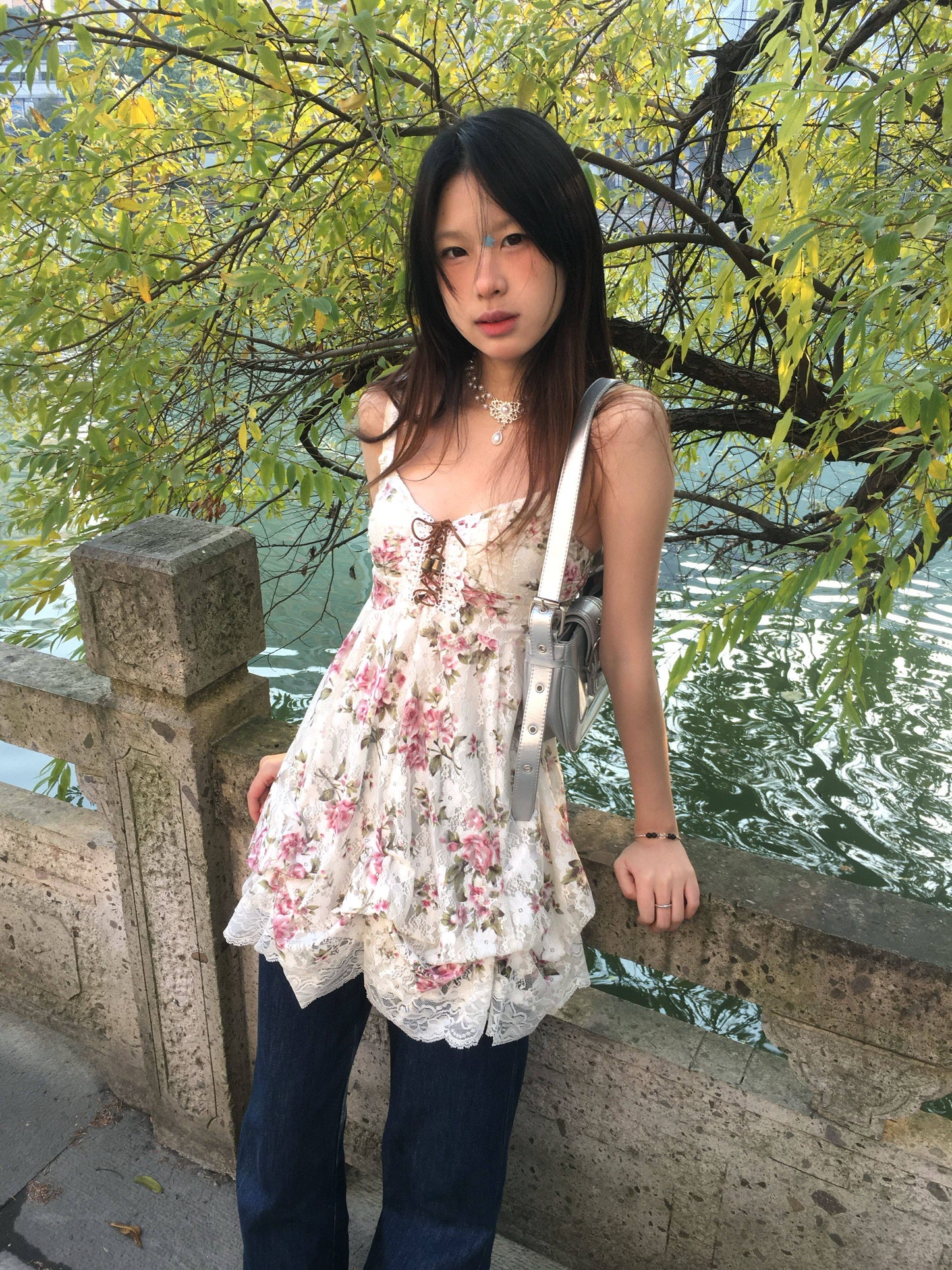 Versatile Floral Print Dress with Lace Trim