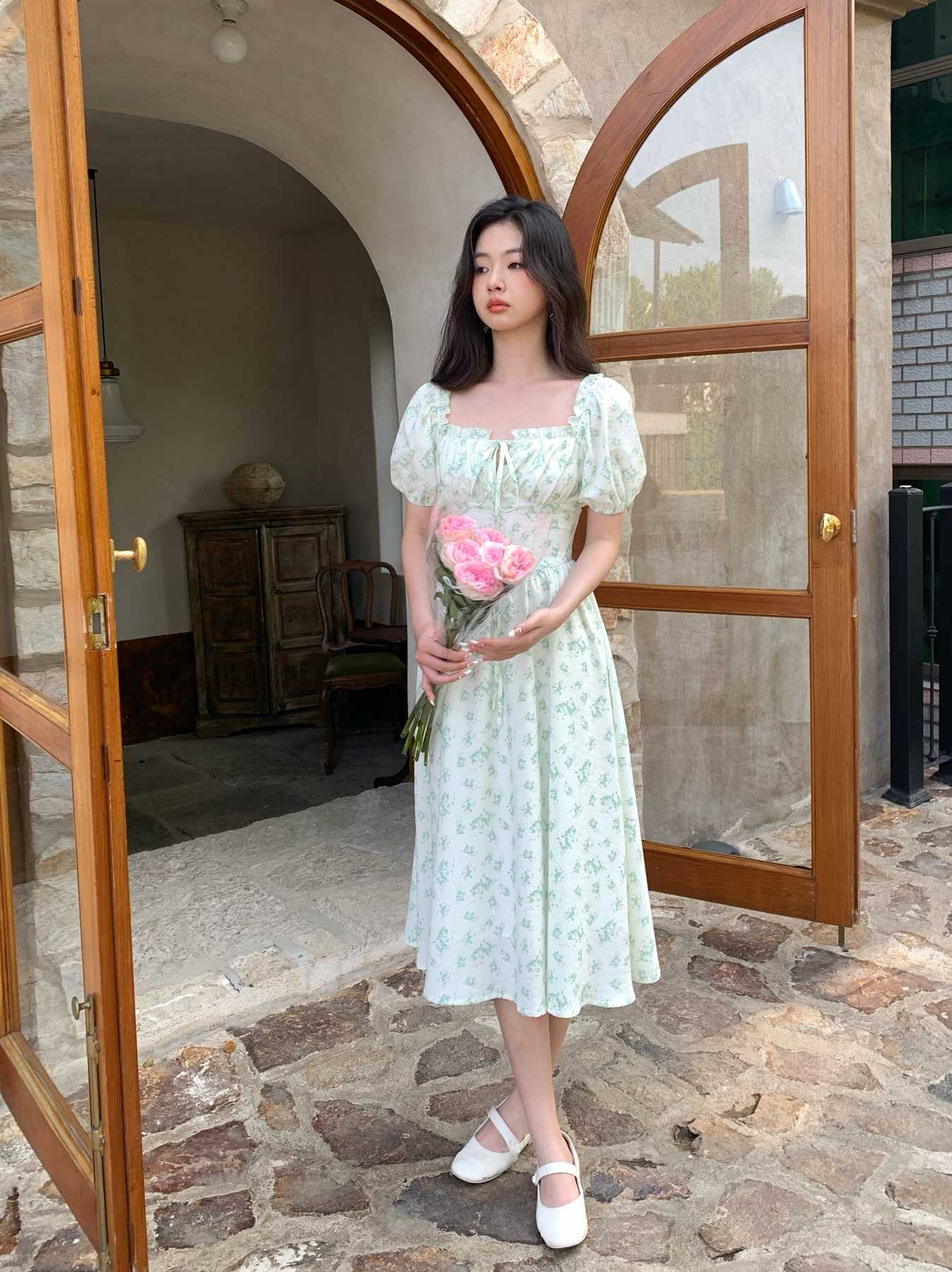 Puff Sleeve Green Floral Dress