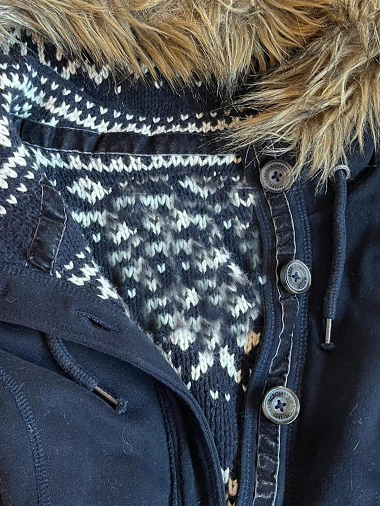 retro navy fur collar hooded jacket
