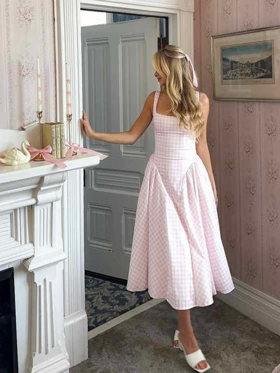 French Pink Plaid Suspender Dress