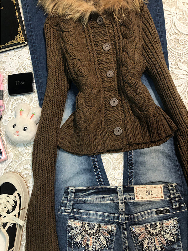 retro twist hooded knitted jacket