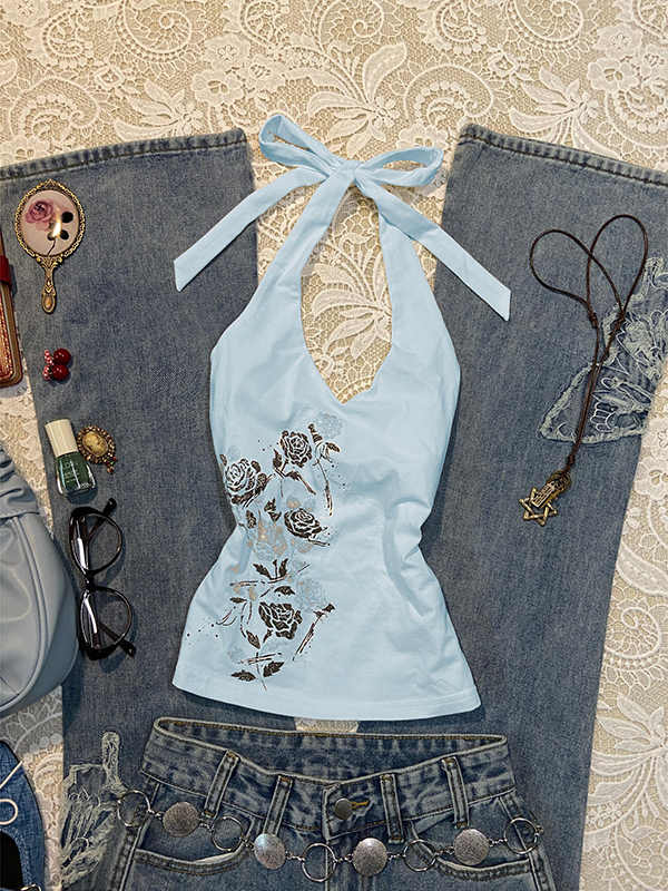 Rose Printed Halter Neck Top