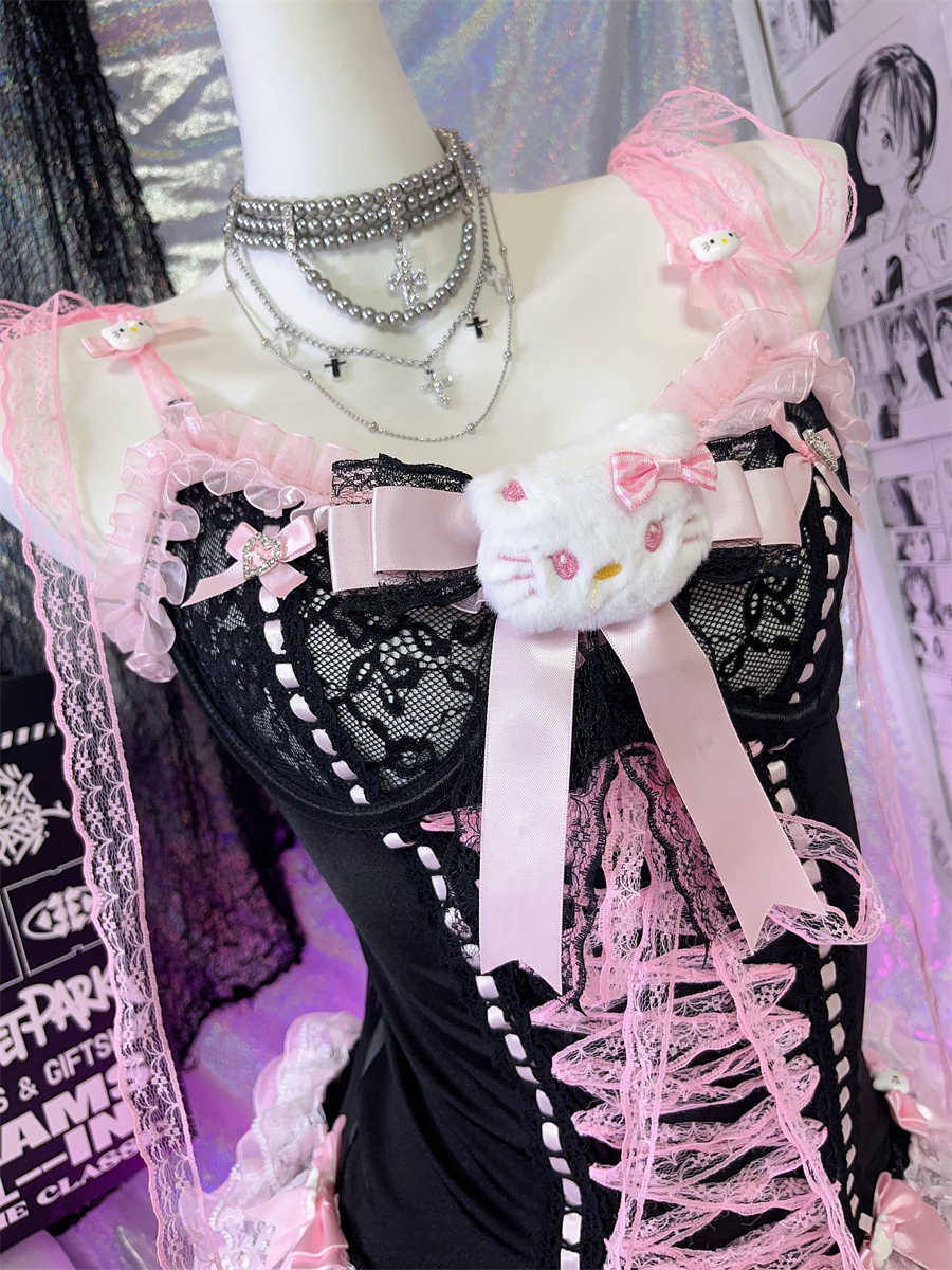 Y2K Black Pink Lace Bow Corset