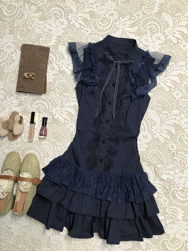 Dark Coquette Stand-up Collar Shirt Dress