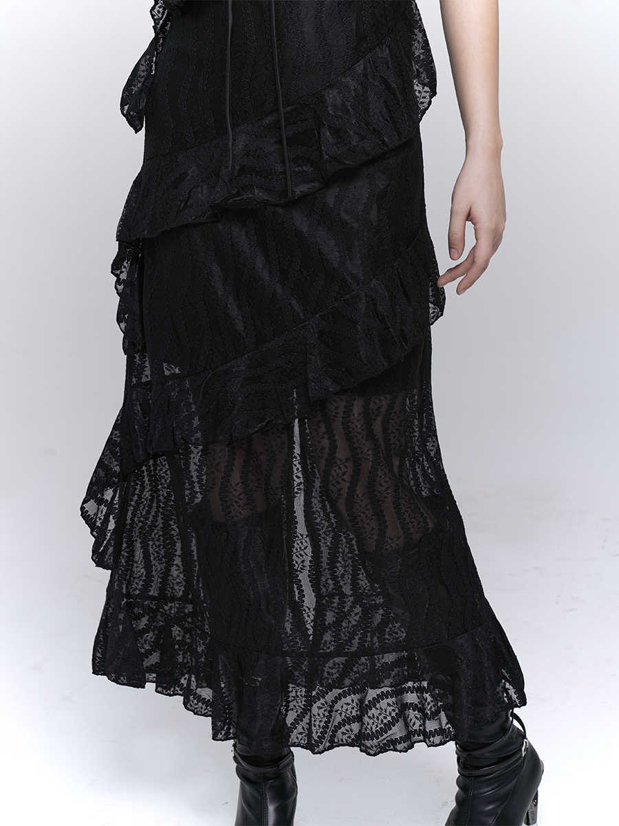 Dark Coquette Lace Ruffled Maxi Dress