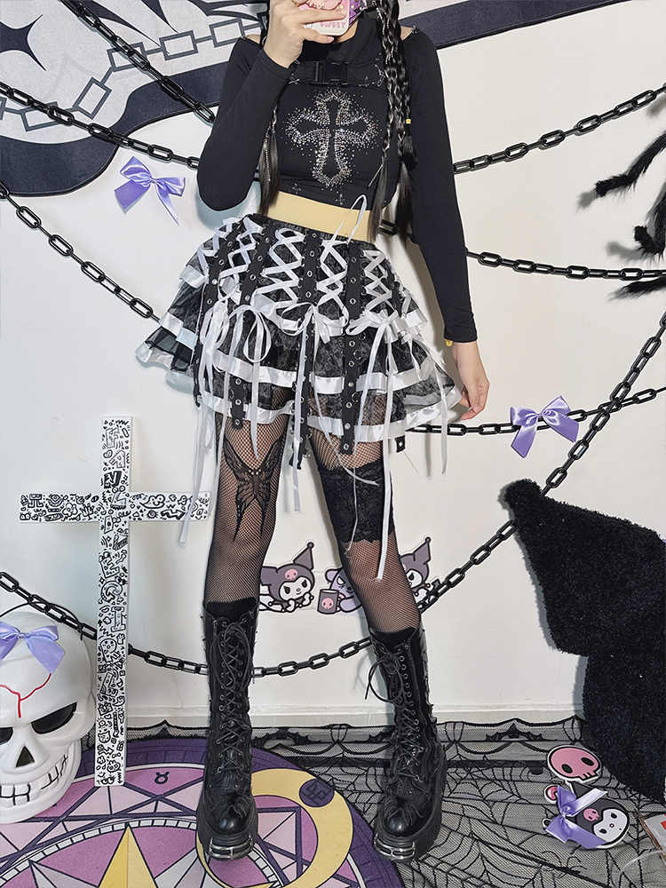 Punk Ribbon Lace Stitching Cake Skirt