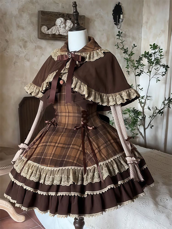 Sweet Lolita brown plaid cape coat dress