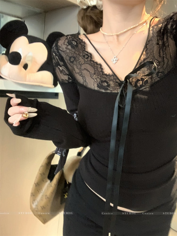 lace splicing long-sleeved top