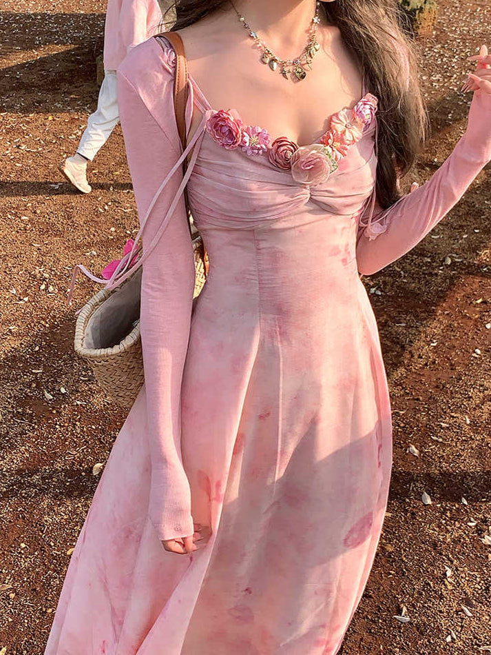 Pink Flower V-neck Suspender Dress
