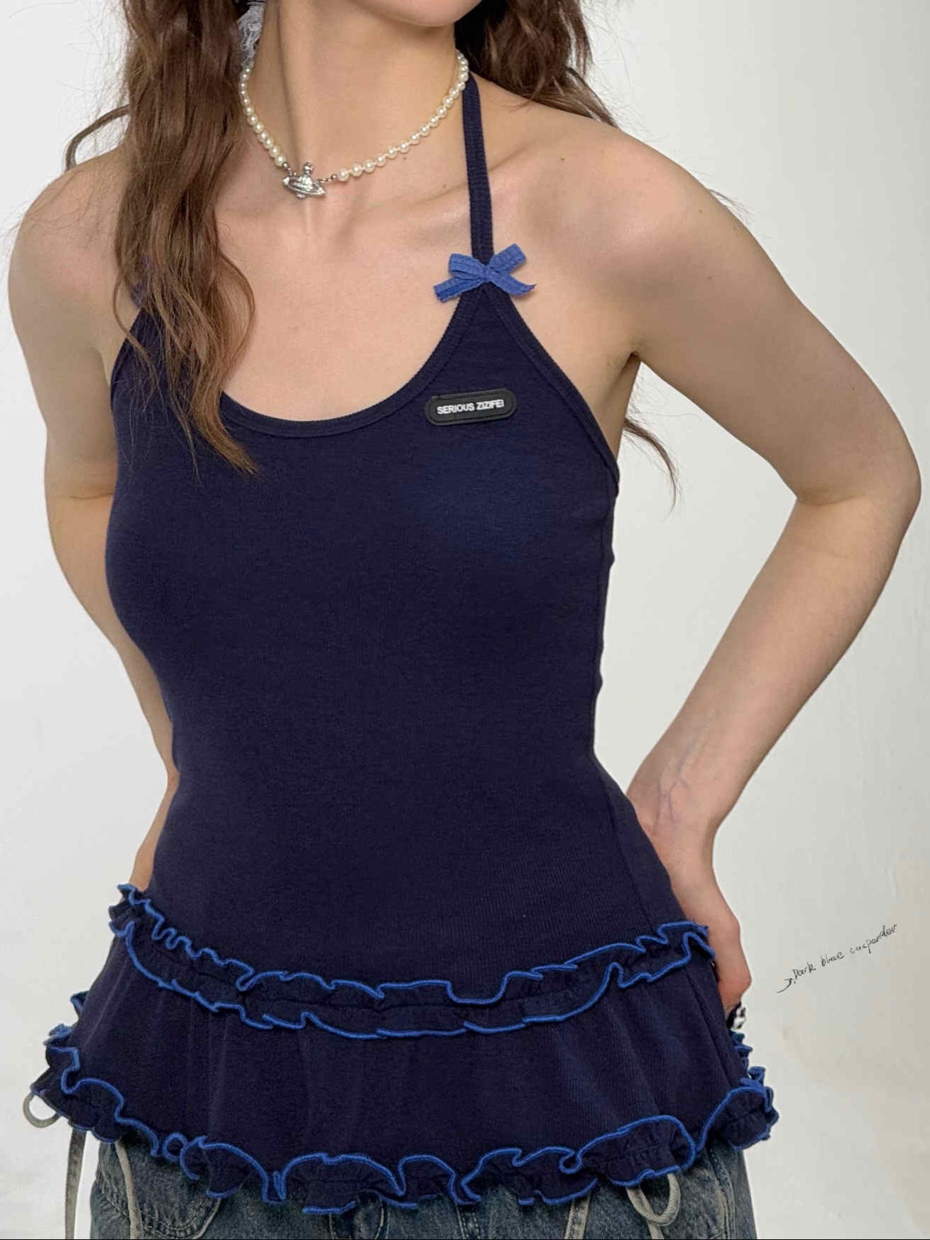 Lace Bow Knitted Ruffled Tank Top