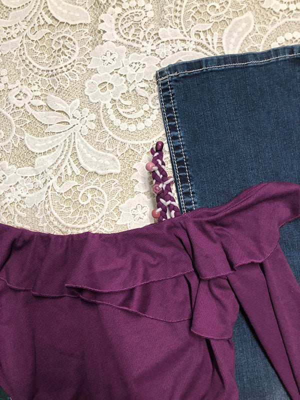 purple off-shoulder pleated long-sleeved Top