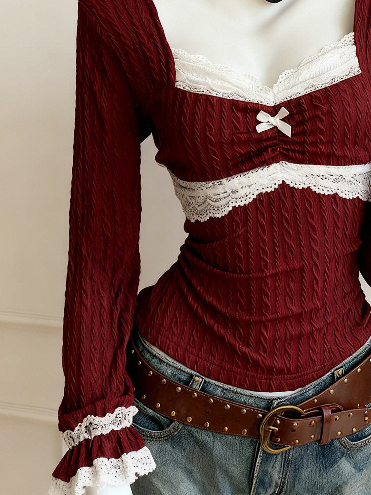 burgundy lace knit ling-sleeved top