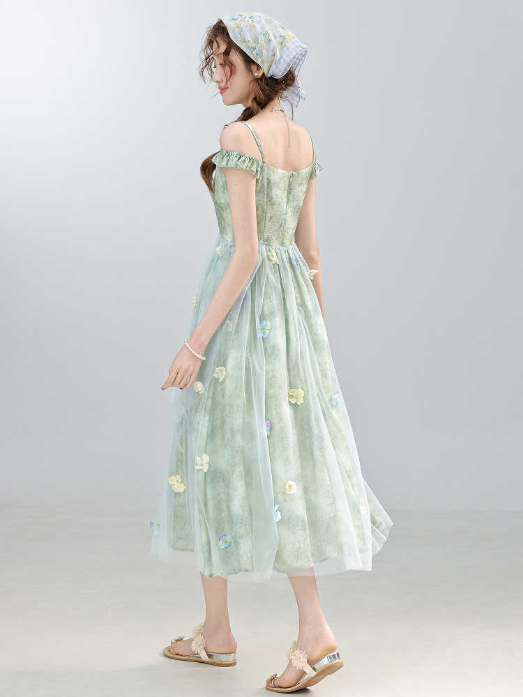 Green Field Flower Suspender Dress