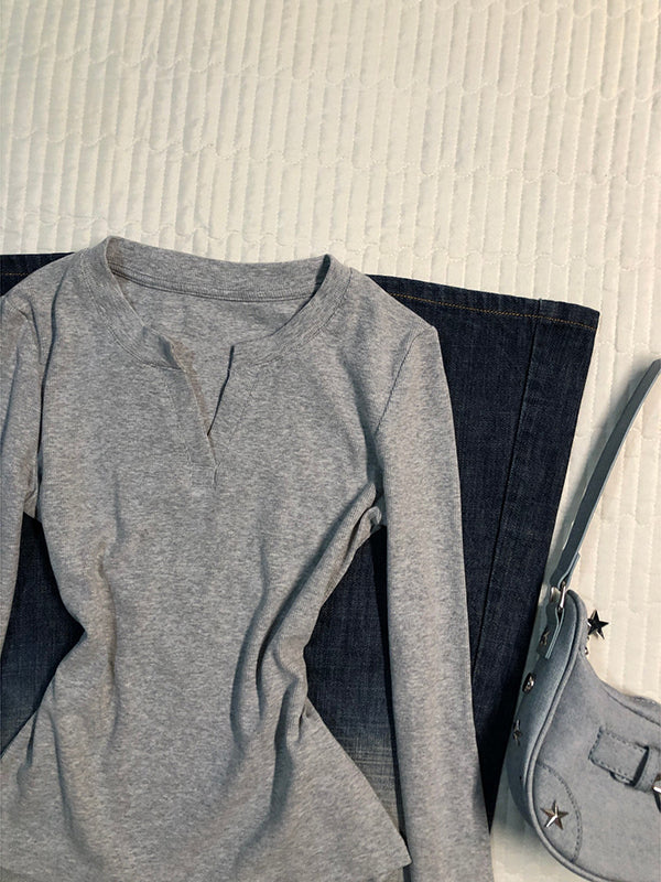 Gray Round Neck Long Sleeve Top