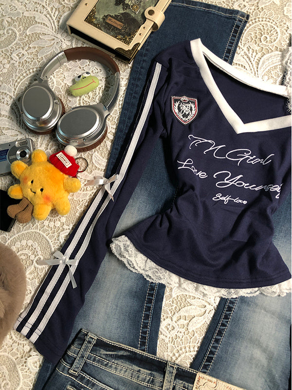 blue V-neck lace splicing long-sleeved Top