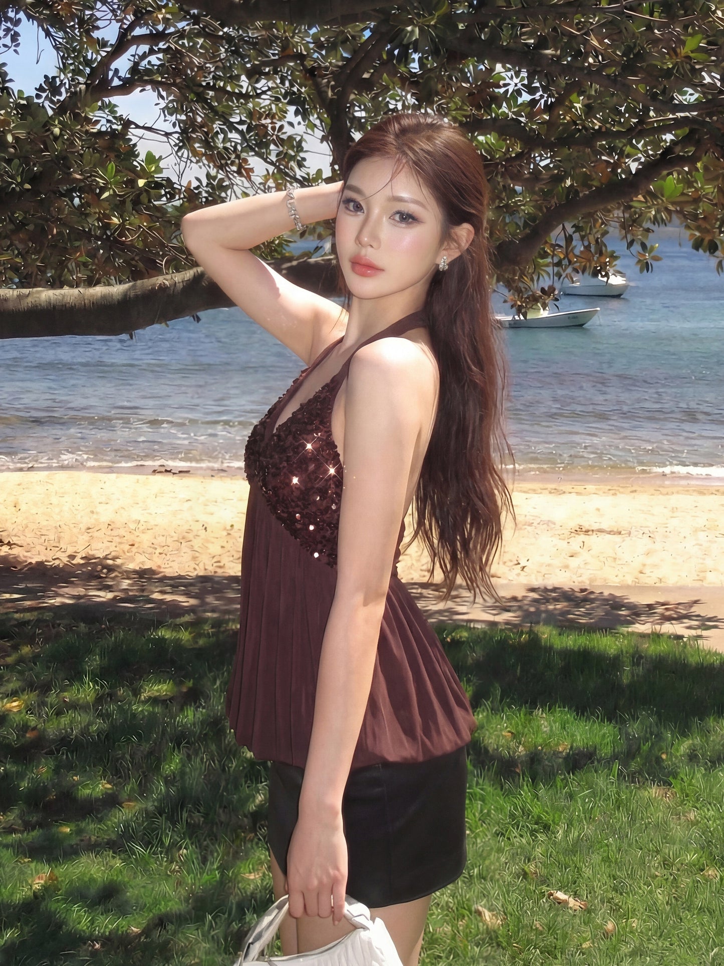 Y2K Sequin Draped Halter V-Neck Top