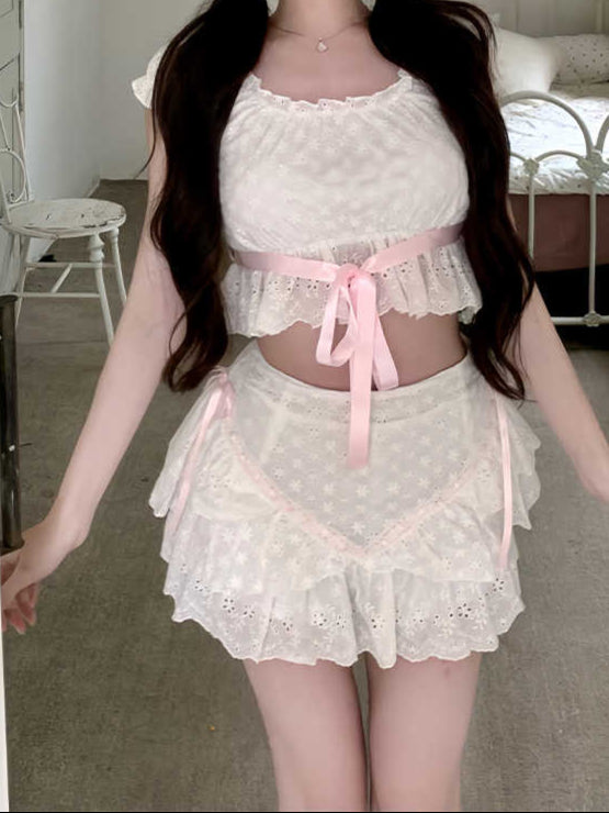 Pink Bow Lace Top Coquette Coord