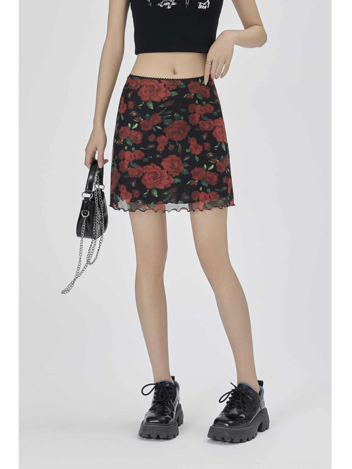 Retro Rose Print Skirt