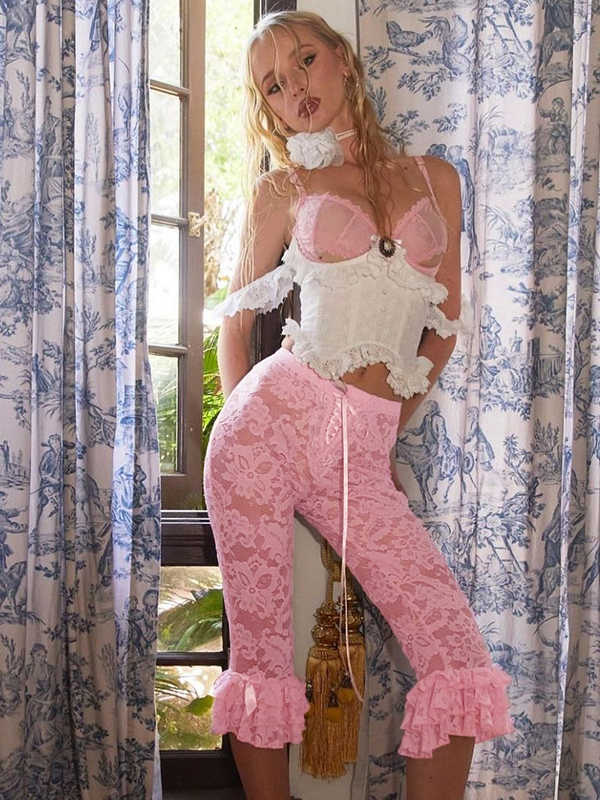 Pink Hollow Lace Y2K Pants
