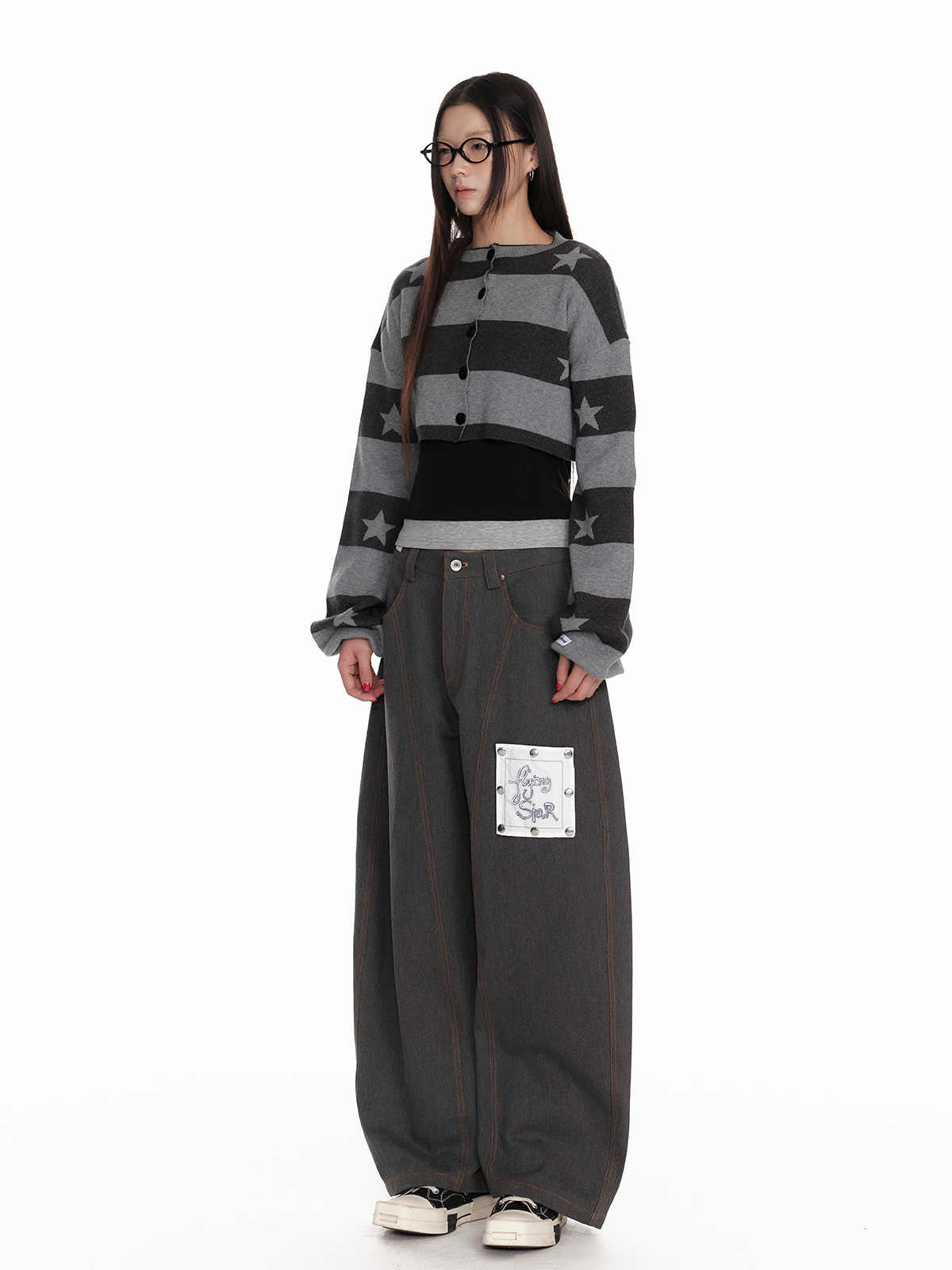 Y2K Grunge Stars Striped Knit Cardigan
