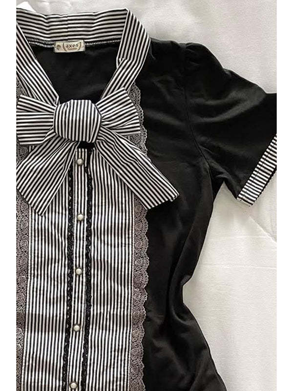 Vintage black plaid stitching butterfly short sleeves