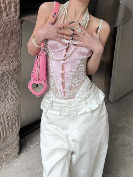 Pink Satin Lace Bow Bodysuit