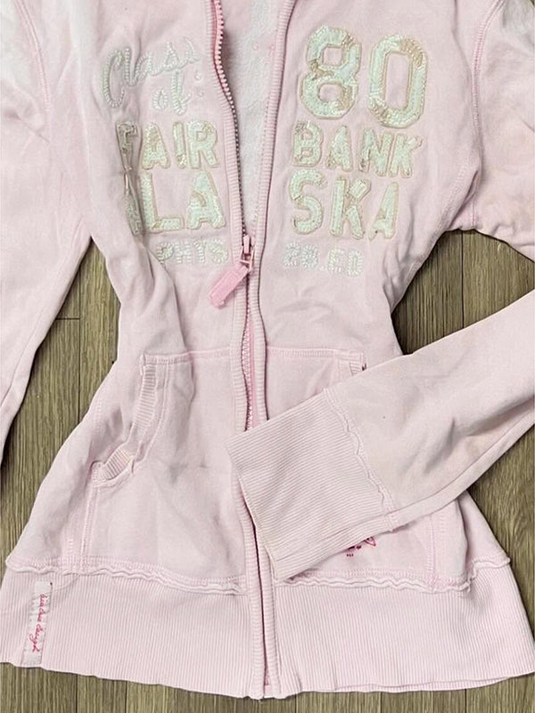 pink letter hooded sweatshirt jacket