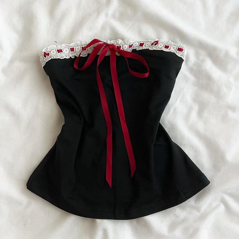 Dark Coquette Red Bow Crop Top