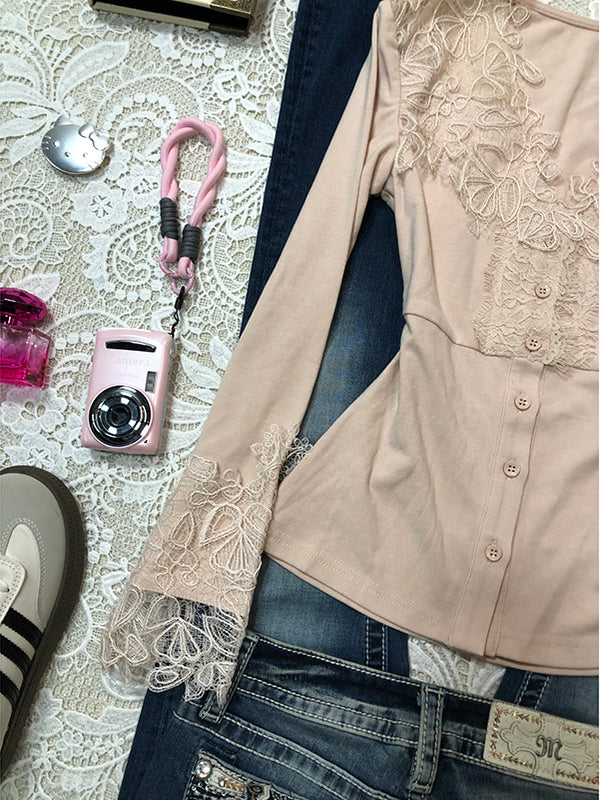 retro pink V-neck lace splicing long-sleeved top