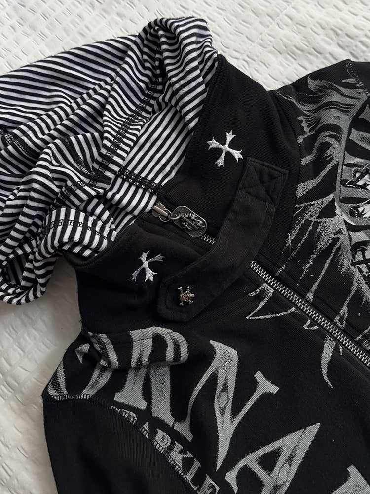 Goth retro striped patchwork sweatshirt jacket