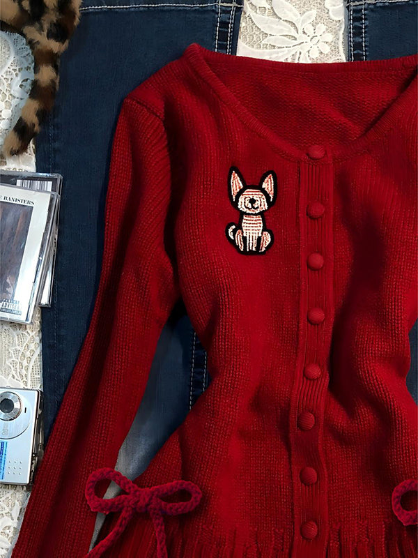 red cartoon V-neck knitted cardigan