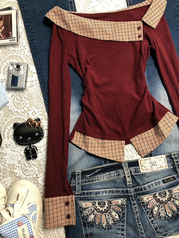 red slim fit one-line collar plaid long-sleeved top