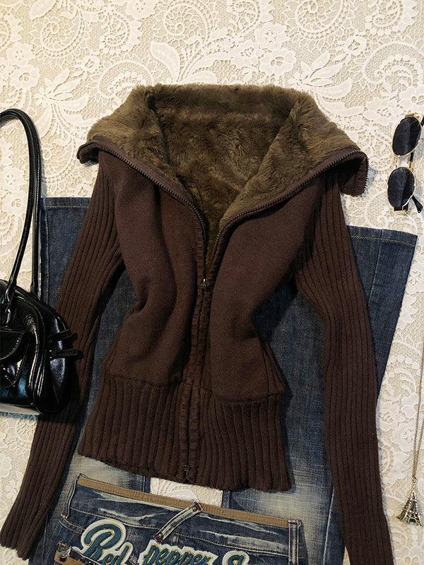 brown turtleneck slim sweater jacket