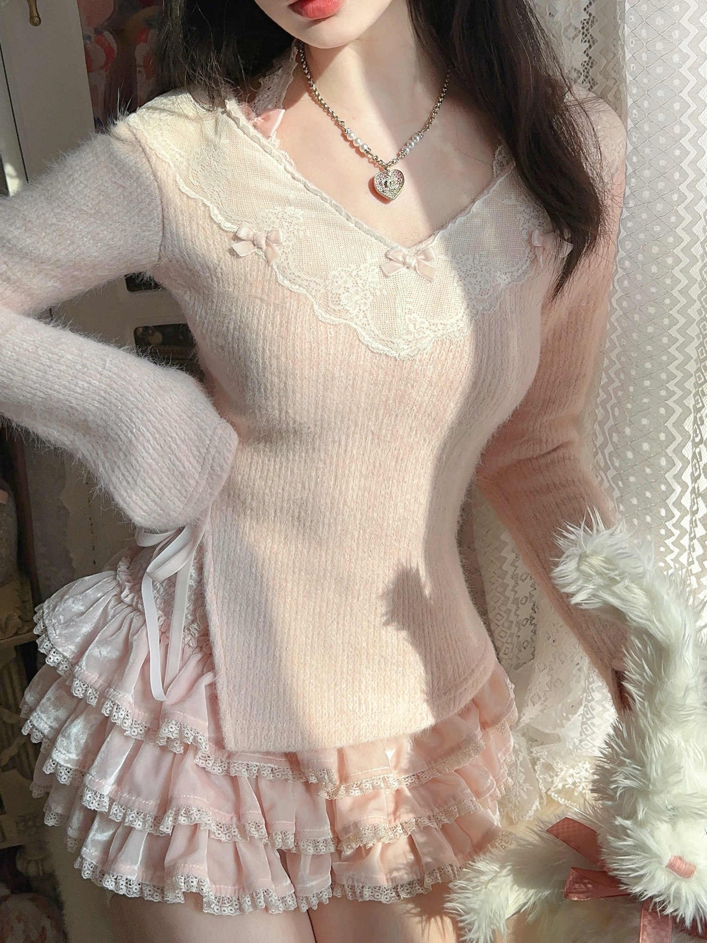 Fluffy Knitted Lace Slit Sweater