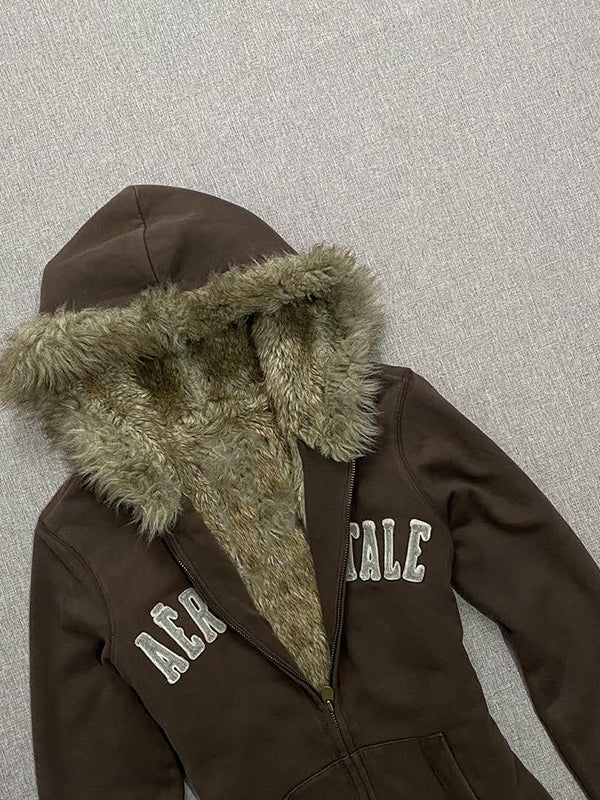 Brown Letter Fleece-Lined Hooded Jacket