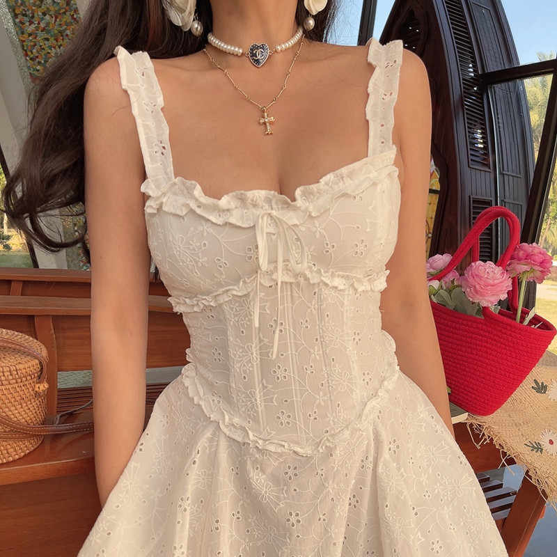 French Square Neck Vacation White Dress