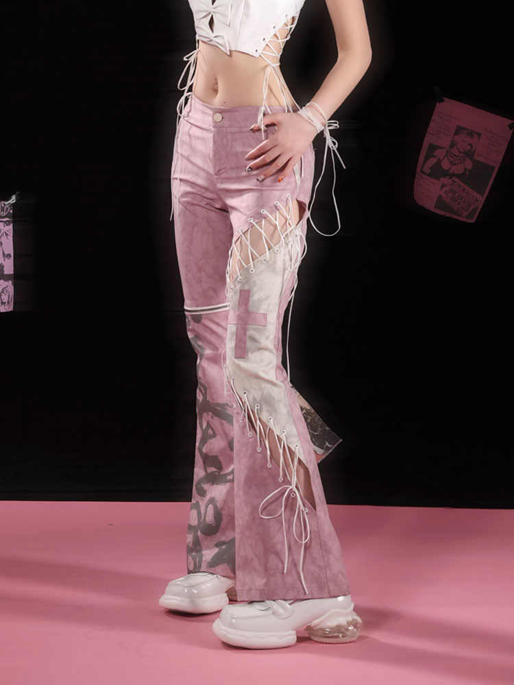 Straps Hollow Pink Stitching Pants