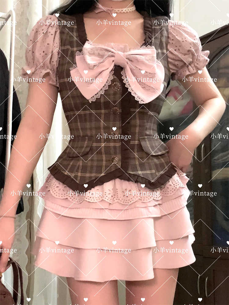 Retro Bow Lace Top Pink Plaid Vest