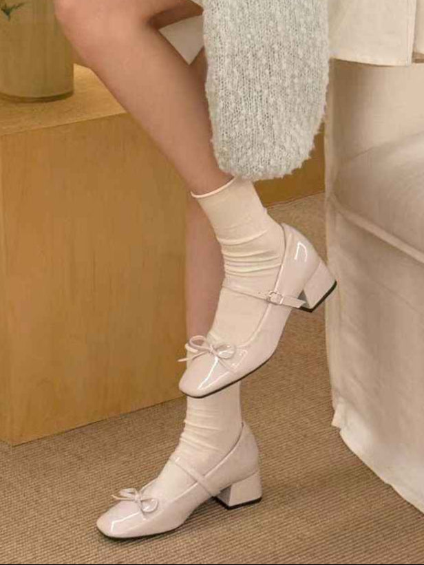 Ballet Girl Leather Thick Heel Shoes