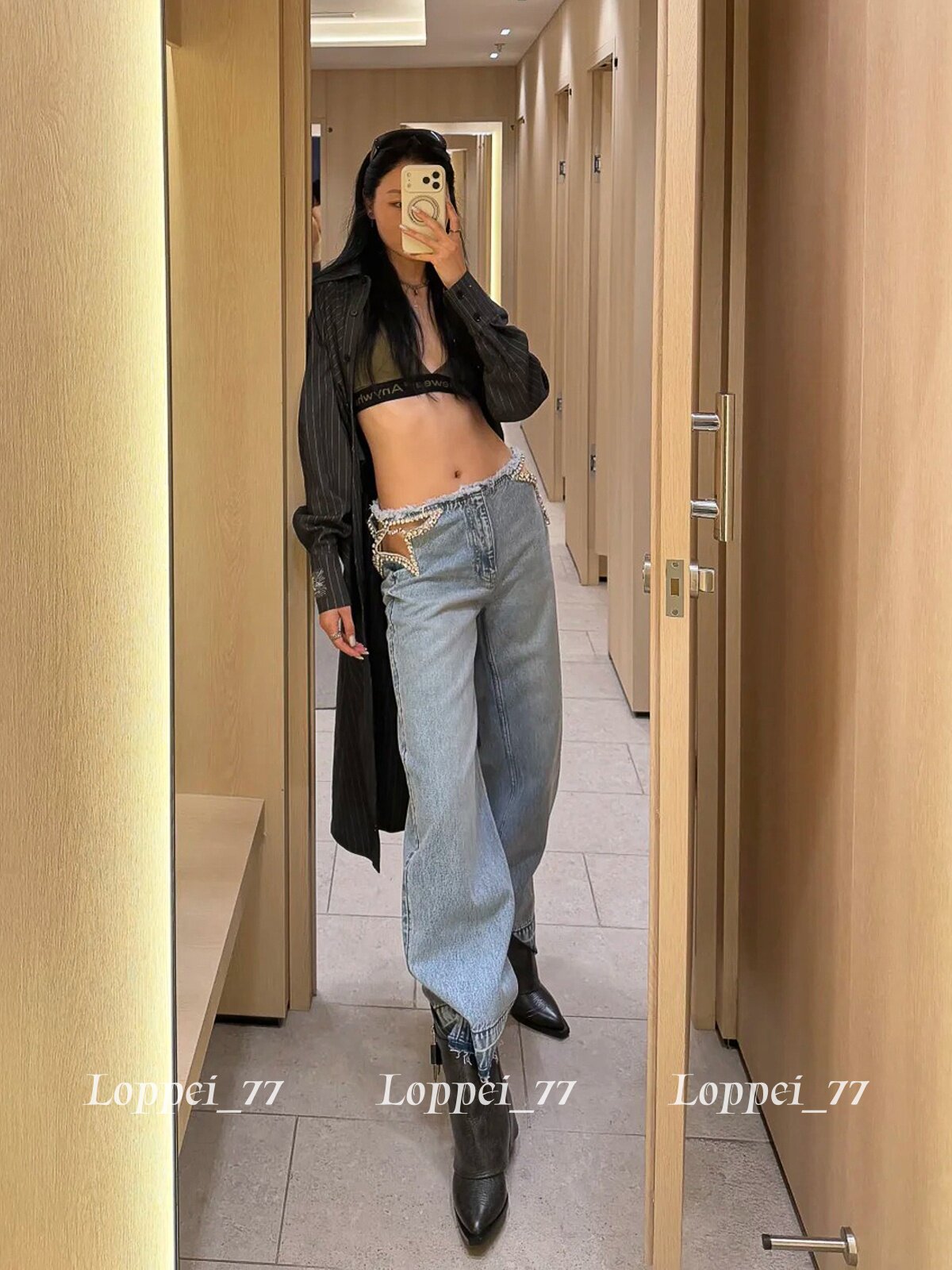 Blue Rhinestone Cutout Jeans