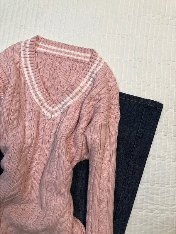 pink V-neck twist sweater