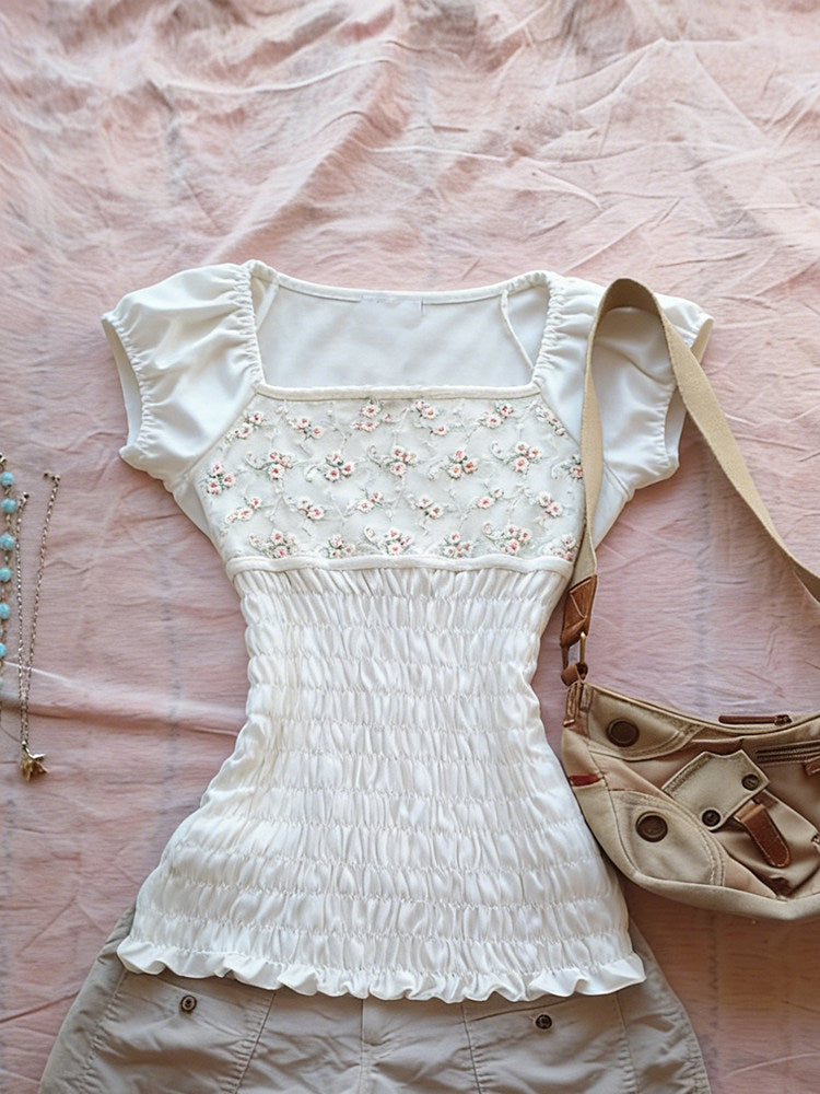 white floral square neck shirt