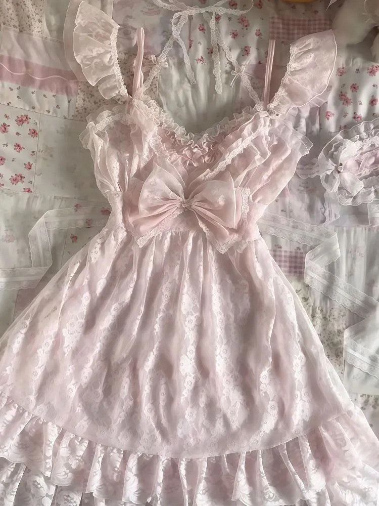 coquette pink lace bow dress