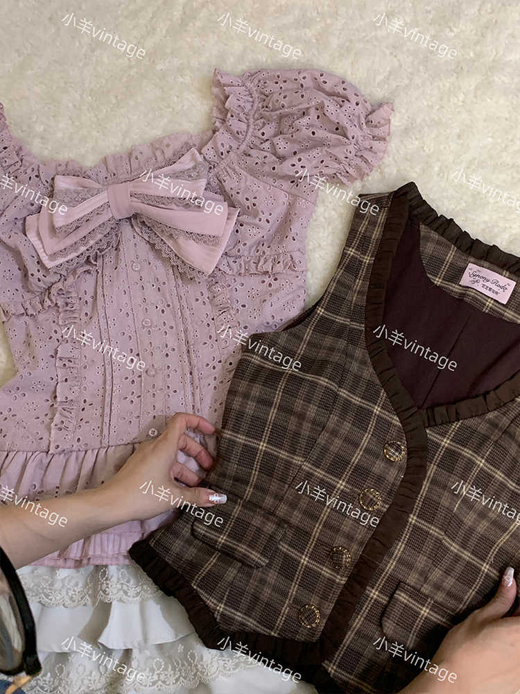 Retro Bow Lace Top Pink Plaid Vest
