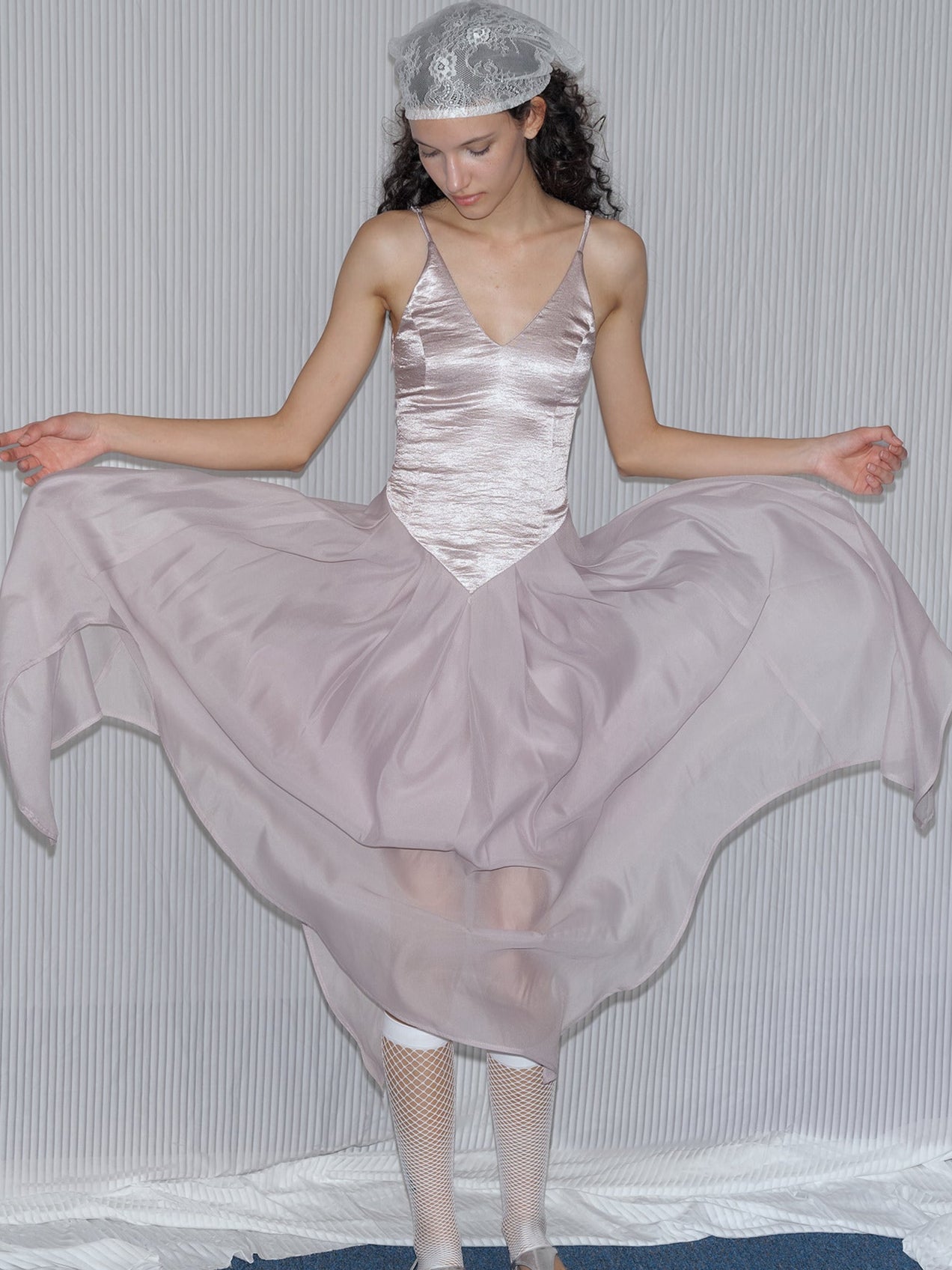 Glossy Textured Petal Mesh Dress