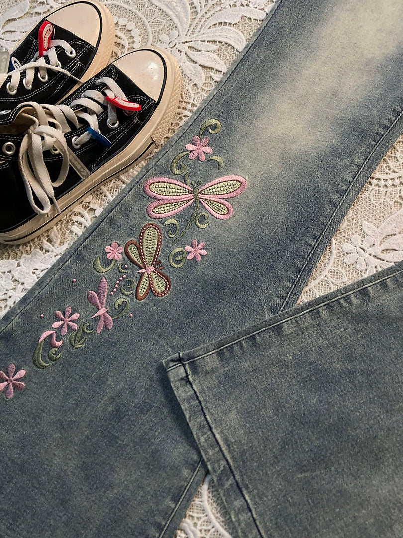Blue Embroidered Slim-Fit Jeans