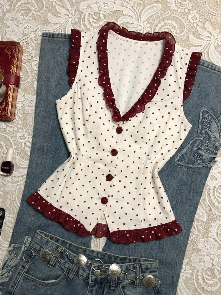 red lace polka dots shirt