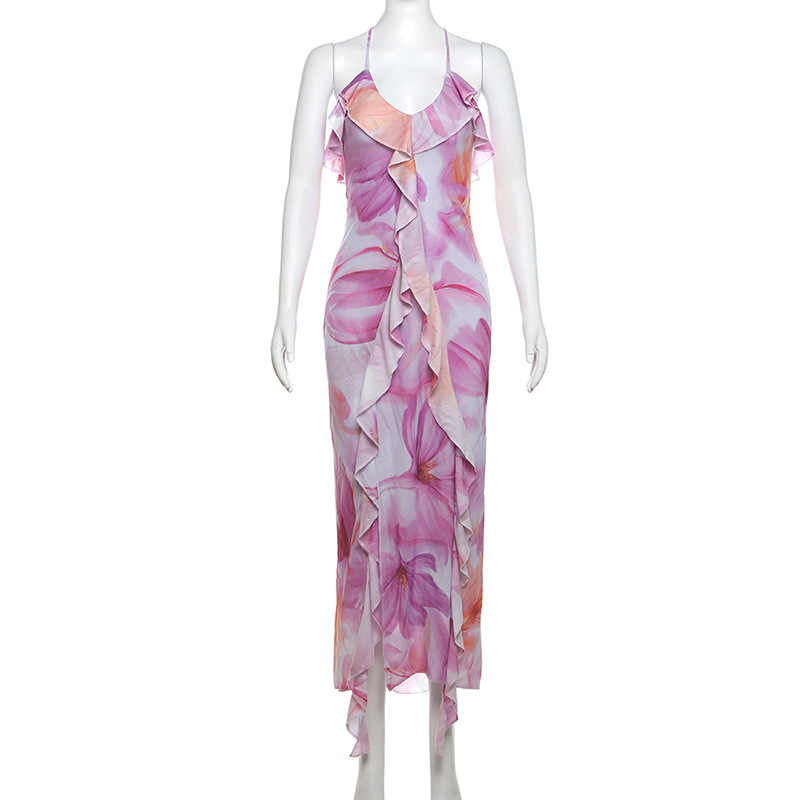 Ruffled V-neck Floral Backless Dress