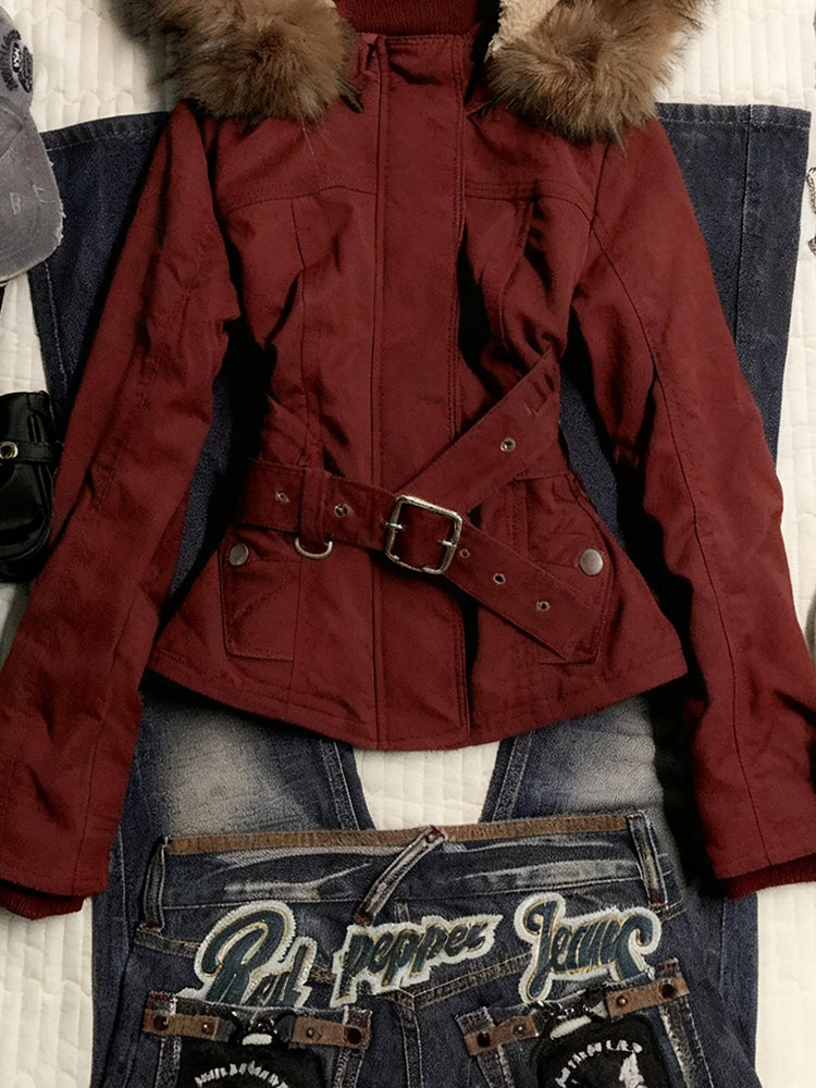 red retro fur hooded jacket