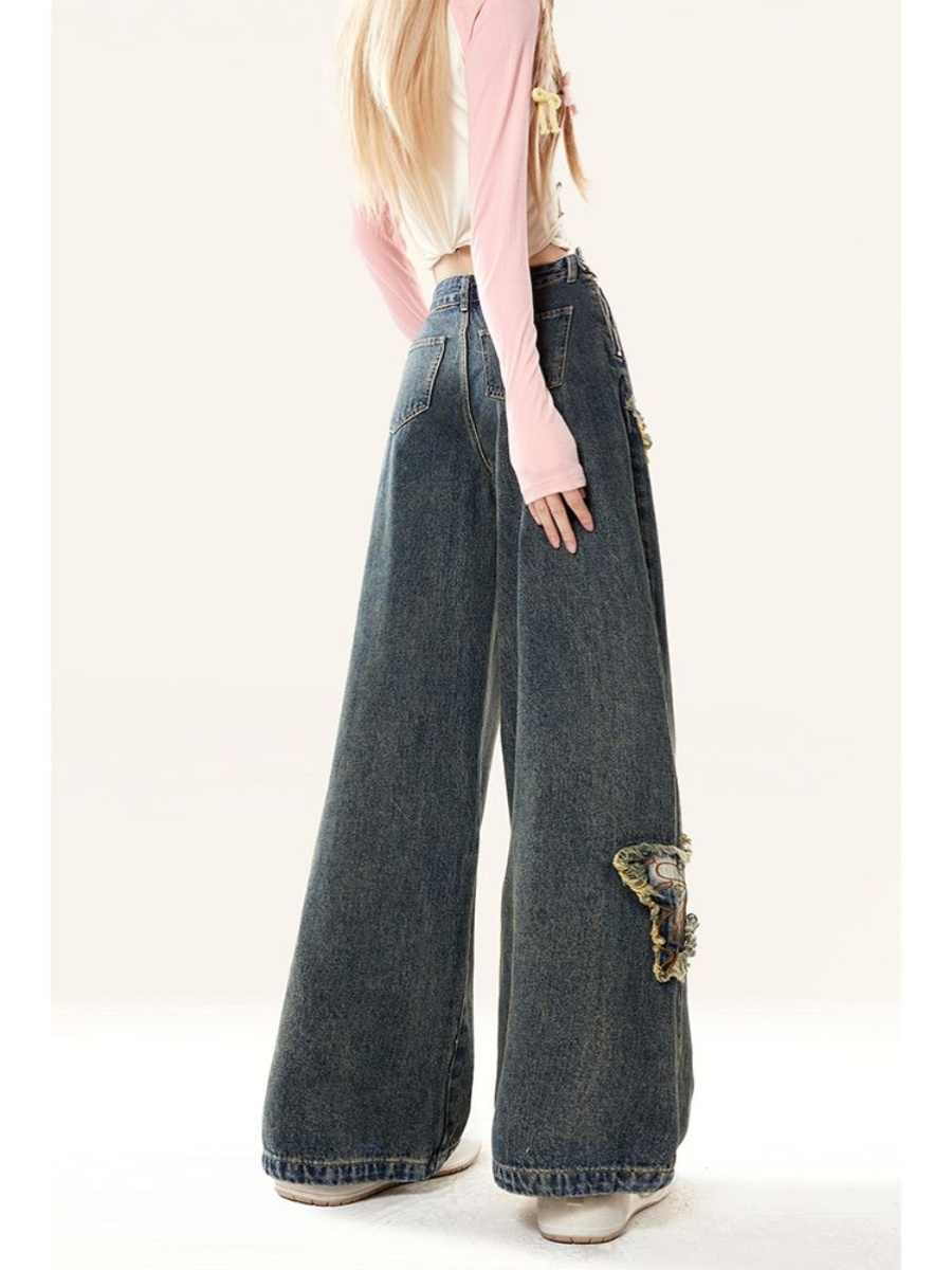 Retro Butterfly Patch Bell Bottom Jeans